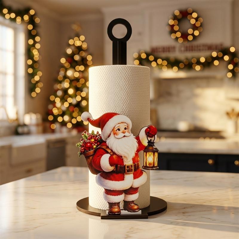 Wood Paper Towel Roll Holder with Vertical Center Post, Round Base, and Christmas Animal Panel for Countertop Use