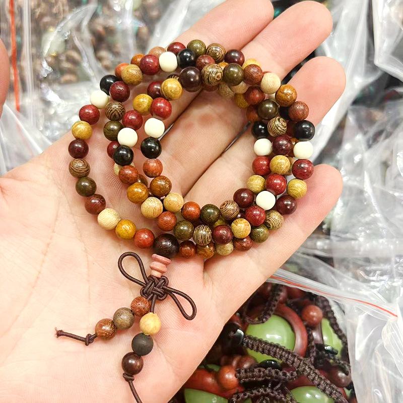 108 Buddha Beads Bracelet in Black Walnut, Red Sandalwood, Black Rosewood and Black Orchid Wood, Chinese Knot Style.