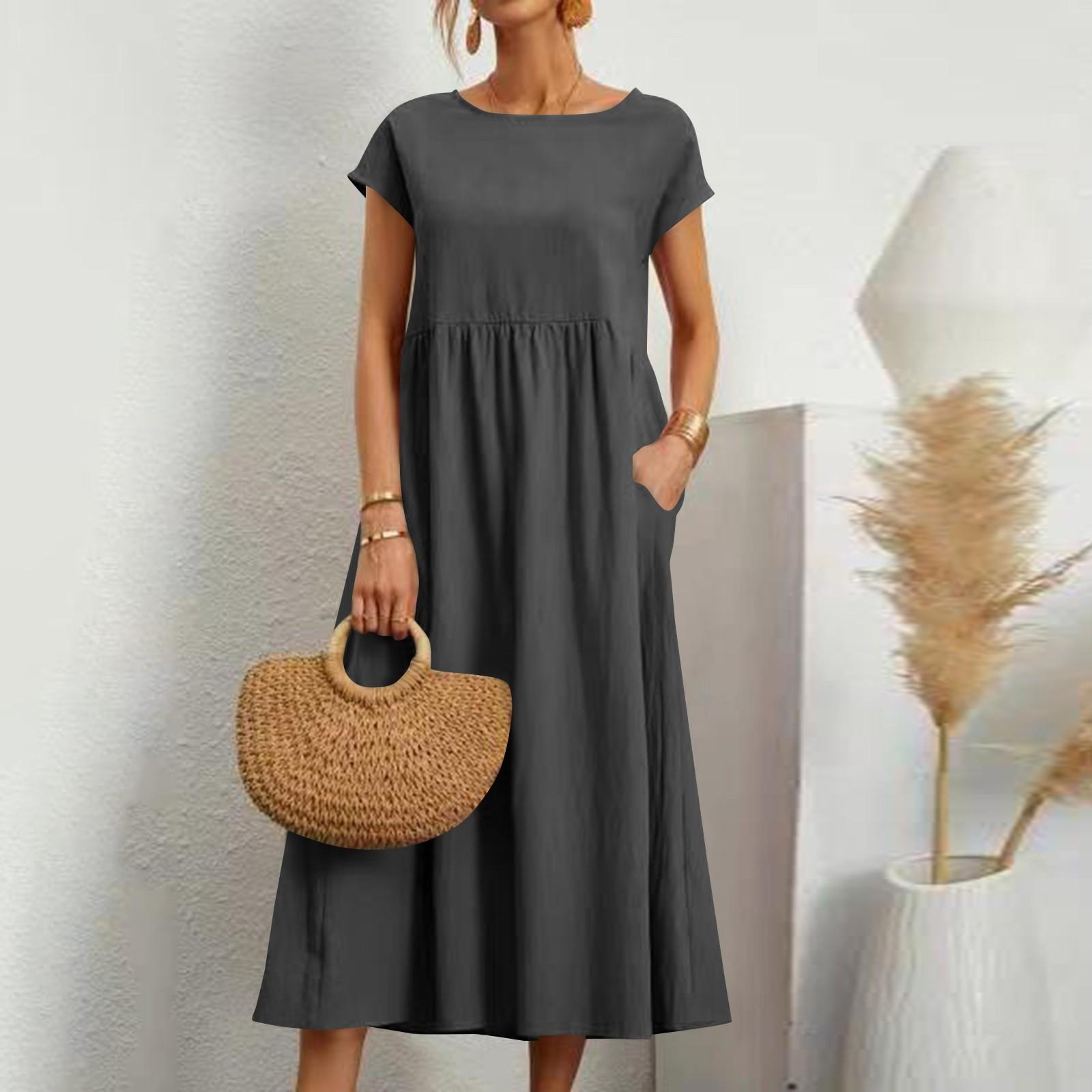 

Женское однотонное платье с коротким рукавом, свободного кроя, из хлопка и льна, с карманами M