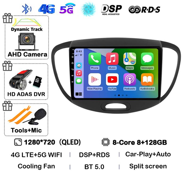 Android 14 CarPlay Auto Car Radio GPS For Hyundai i10 2007 2008 2009 2010 2011 2012 2013 Multimedia Video Player Stereo WIFI+4G