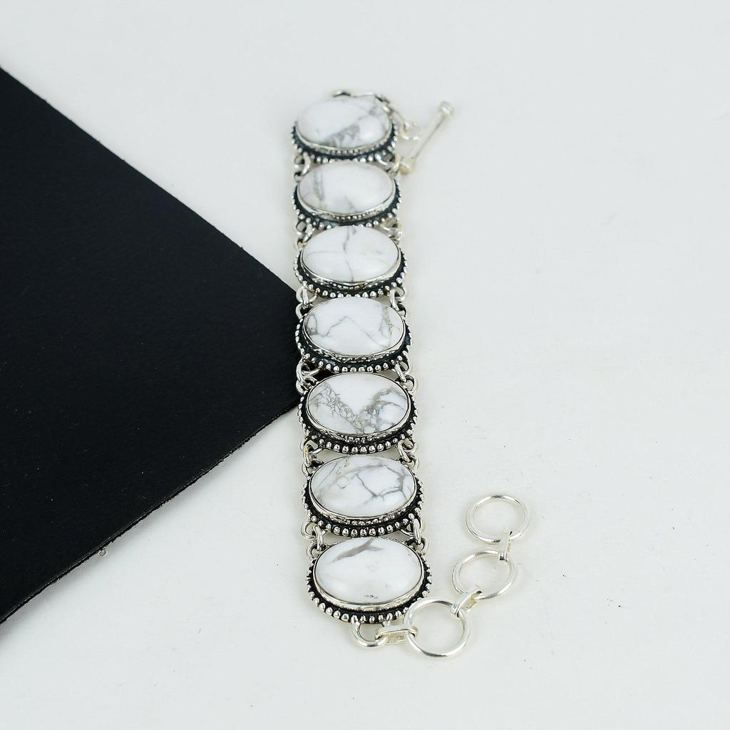 Natural Howlite Gemstone Handmade Jewelry, 925 Sterling Silver Bracelet, Howlite Bracelet For Wife , Unisex Bracelet, Father's Day Gift