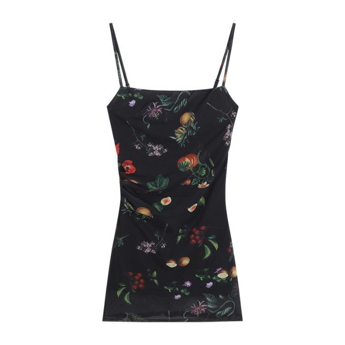 

Low-Neck Off-Shoulder Slim-Fit Printed Camisole Dress, Waist-Cinching, Hip-Hugging, Summer Style for Women Small