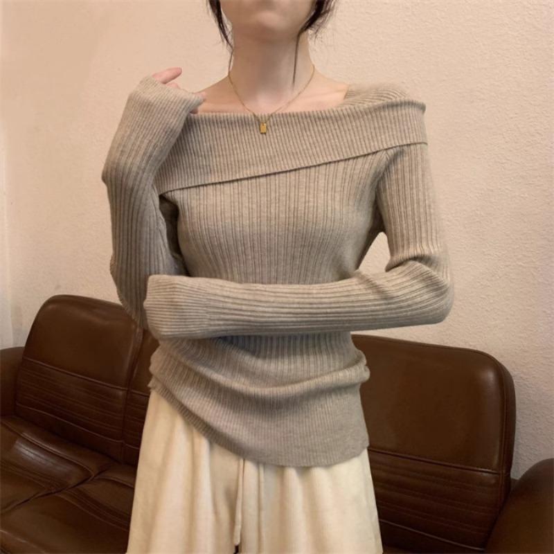 One-word Shoulder Sweater High-end Knitted Bottoming Shirt for Women's Autumn and Winter with High Waist Off-the-shoulder Long-sleeved Autumn Top