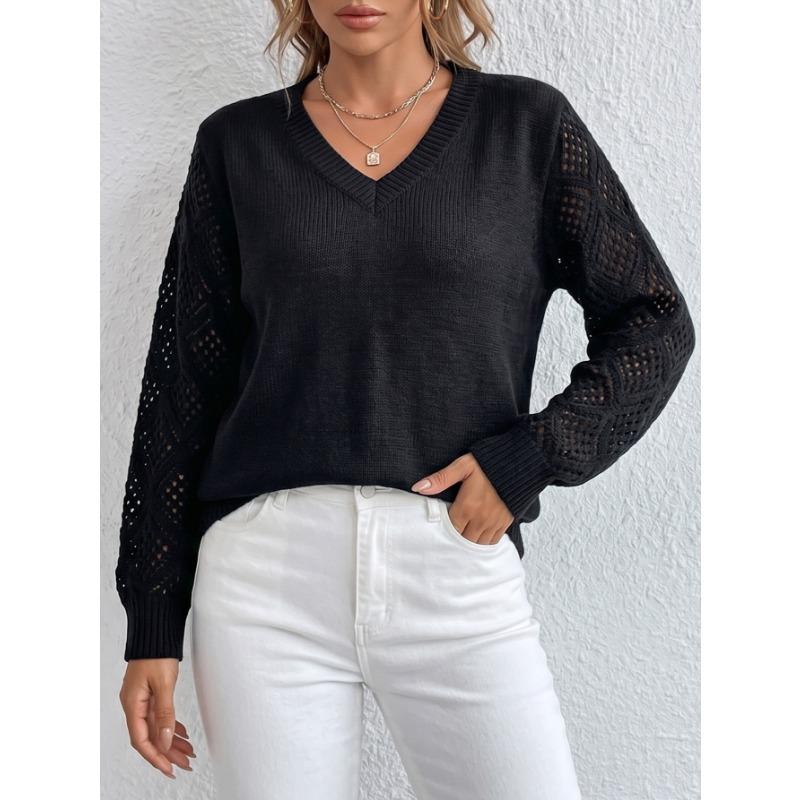 Women Loose V Neck Hollow Out Long Sleeve Knitted Casual Pullover Sweater Top