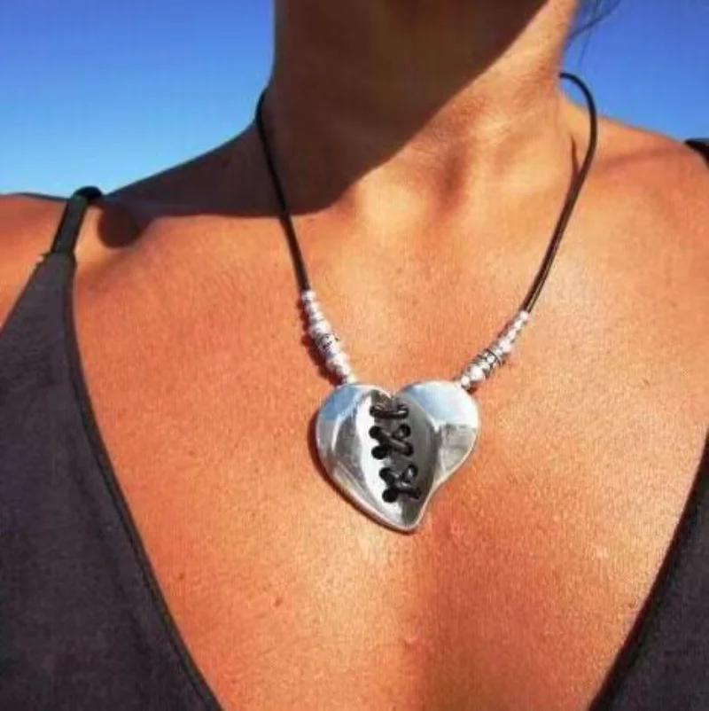 

Irregular Bohemian Splicing Heart Shape Pendant Bracelet Necklace Summer Beach Leather Rope Bracelet Necklace for Women Jewelry