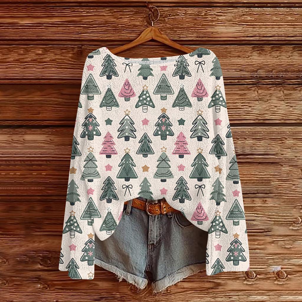 Women's Fashionable Oversized Knitwear Long-Sleeved Christmas Print Top
