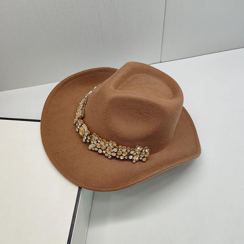 202511-shi ins chic autumn Britain Classic cowboy rhinestone chain flower polyester lady fedoras cap women panama JAZZ hat