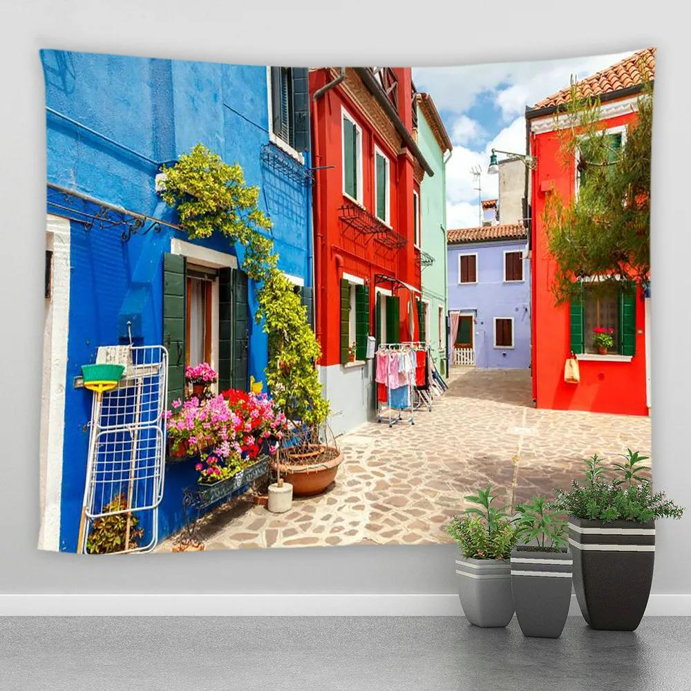 Italien Ländliche Kleinstadt Straßenlandschaft Wandbehang Wandteppich Retro Stil Architektur Hintergrund Dekor Hippie Schlafzimmer Decke