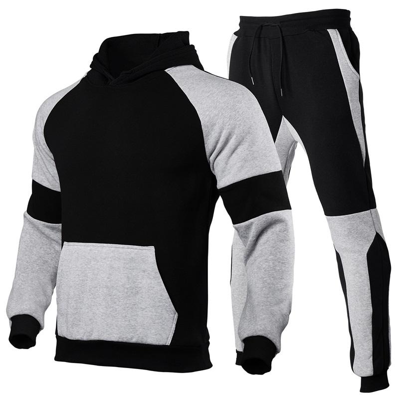Men s 2Pcs Color Block Hoodie & Jogger Pants Casual Tracksuit L чёрный