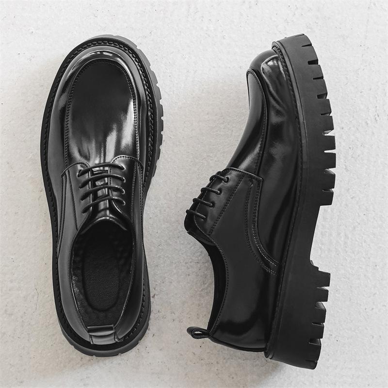 Men's Casual Business Leather Derby Shoes Trendy Mens Lace-up Thick Sole Heightened Shoe British Style