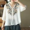 Cotton and Linen Tops Women's Heavy Industry Temperament Loose Short-sleeved Shirts Retro Literary Pullover Embroidery Plus Size Summer
