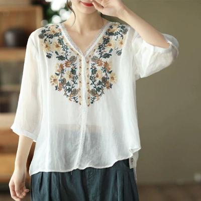 Camisetas de Algodón y Lino para Mujer Temperamento de Industria Pesada Camisas Holgadas de Manga Corta Pulóveres Retro Literarios Bordado Tallas Grandes Verano