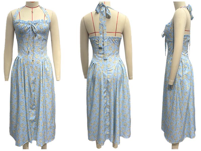 2025 European & American Style Summer Slim Spaghetti Strap Printed Halter Lace Dress