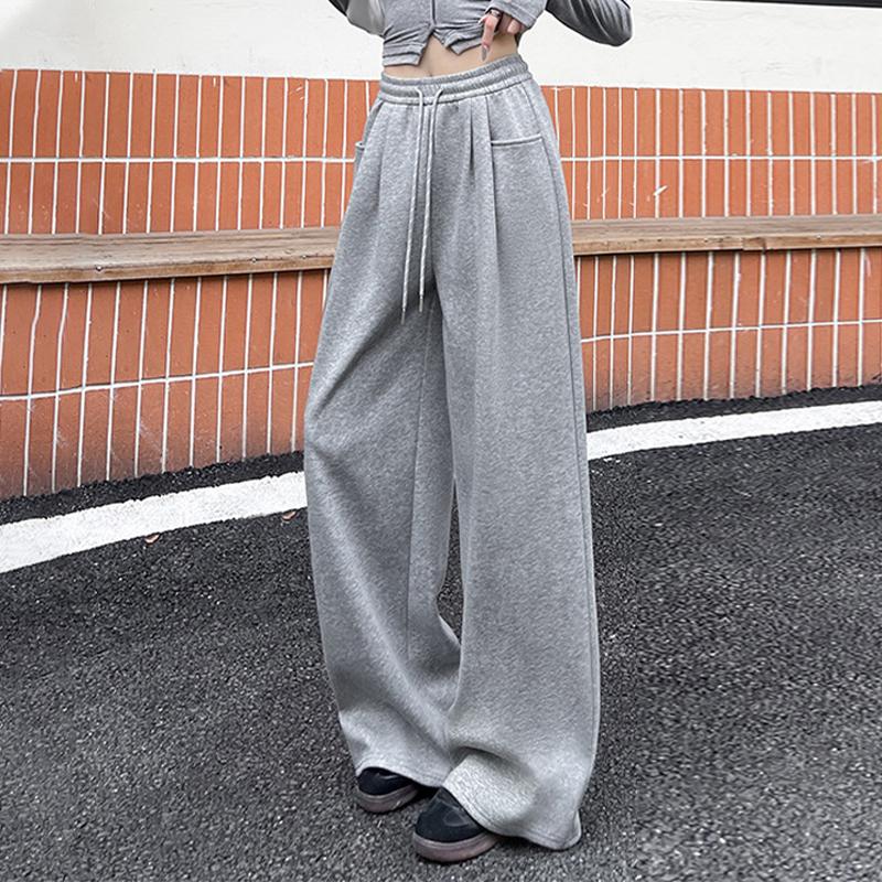 

Корейская мода женские повседневные винтажные свободные брюки Y2K с широкими штанинами, завязывающиеся на завышенной талии, длинные брюки, уличная одежда M светло-серый