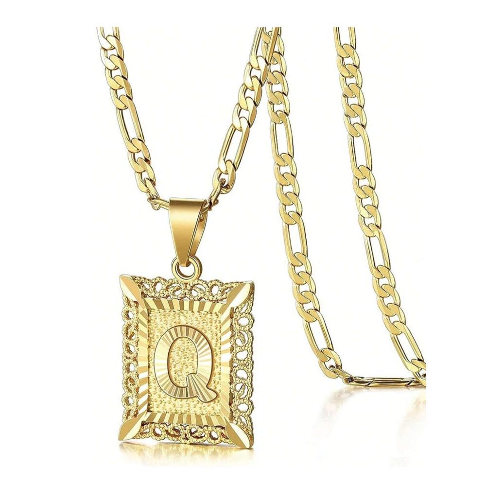 Initial Necklace Square Letter Pendant Necklace Capital Monogram Necklace Alhpabets From A-Z Figaro Chain Necklace