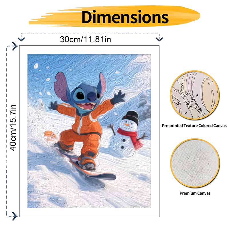 Disney Digital Oil Painting Art Kit Stitch Snowboarding Winter Scene Hand Filled Home Decor