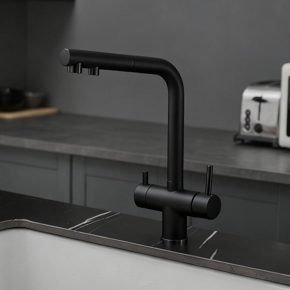 All-Copper 3-in-1 Kitchen Pull-Out Faucet: Hot/Cold, Filtered, Swivel Vegetable Washing & Direct Drinking. Black (Stream + Spray)