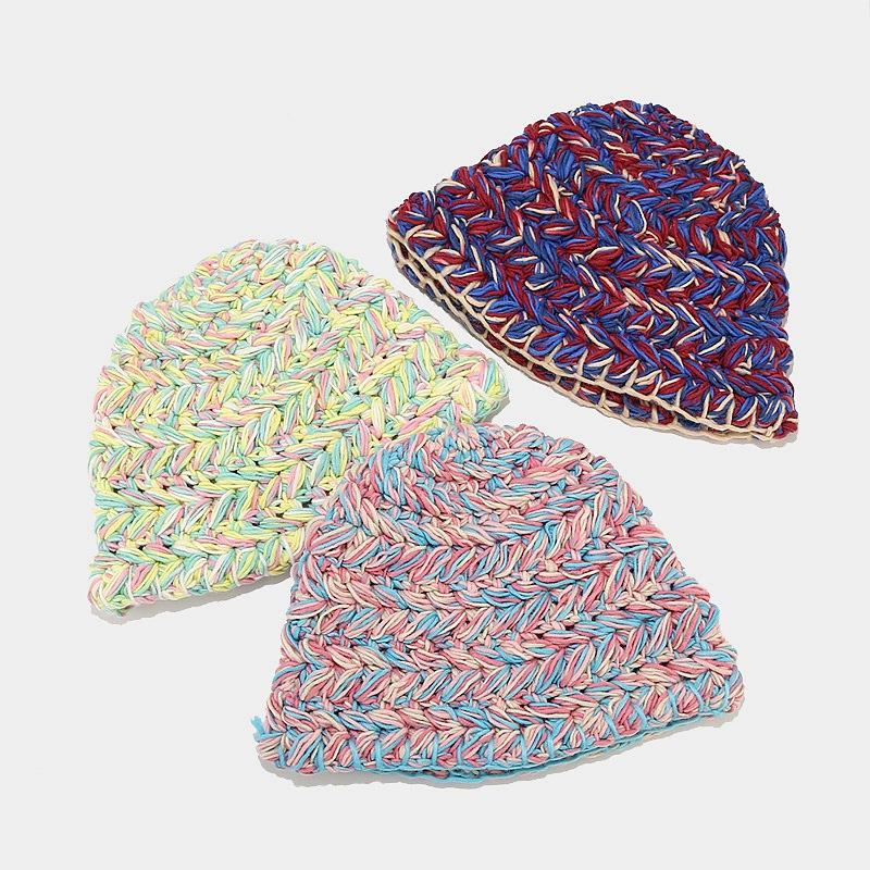 Mixed Color Thick Stick Needle Hand-knitted Wool Bucket Hat Women's Autumn and Winter Thickened Warm Hemming Basin Hat