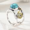 Bohemian Inlaid Imitation Turquoise Women's Ring Vintage Two Color Hand Carving Spiral Daily Wear Party Jewelry Anniversary Gift