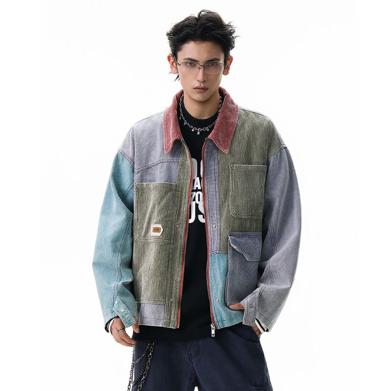 

Acrardic Autumn Trendy Brand Personalized Patchwork Lapel Workwear Jacket Men s Vintage Washed Outerwear Trendy Colorblock 2XL