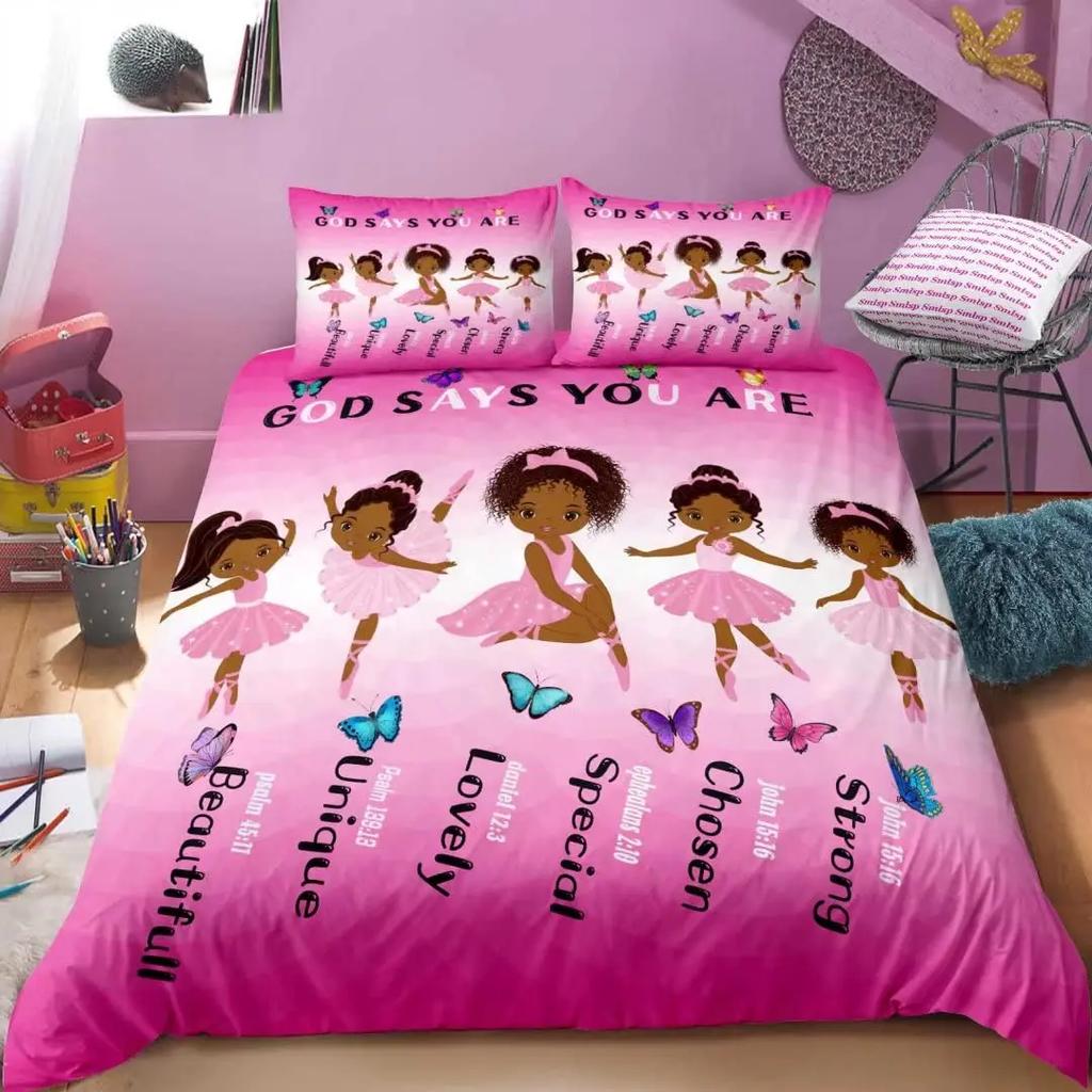 American Black Girl Duvet Cover SetBlack Girl Magic Bedding Set Full SizeCute Little Afro Black Princess Comforter Cover Sets