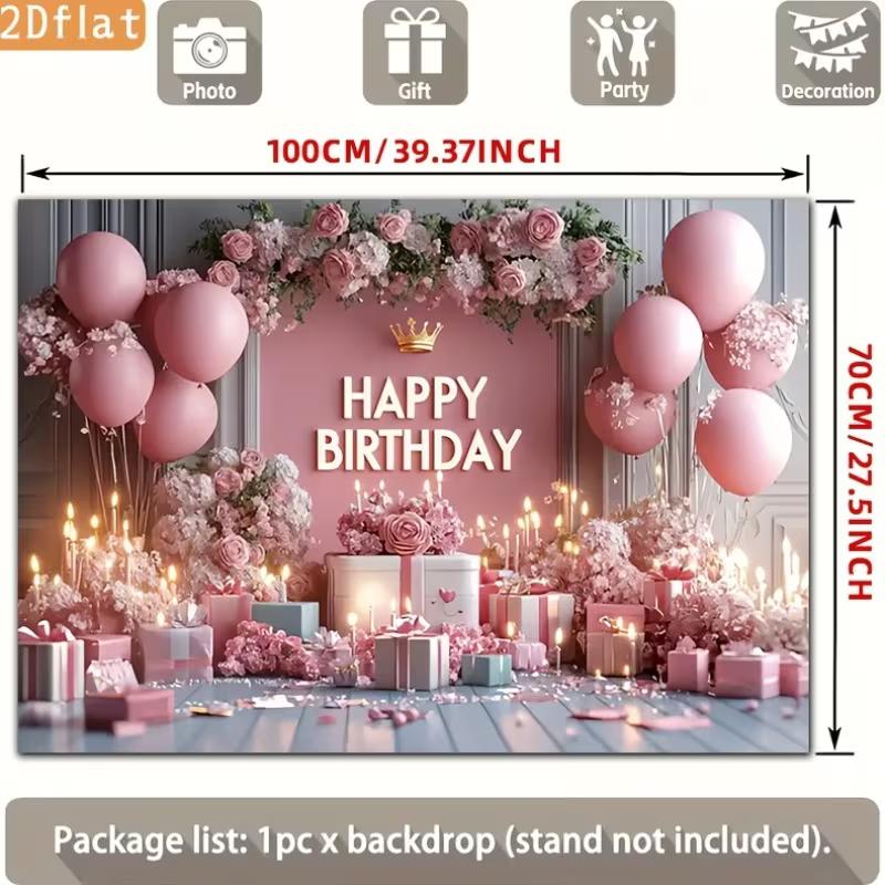 2D Elegant Pink Balloon Happy Birthday Backdrop Banner with Crown & Gifts