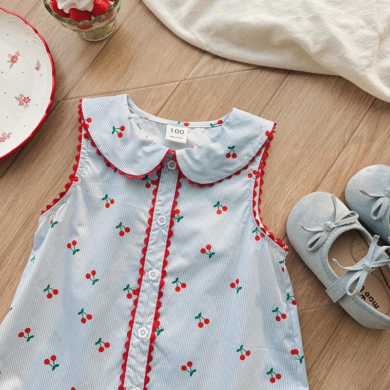 French Cherry Print Dolls Collar Lace Summer Pinafore Dress for Girls