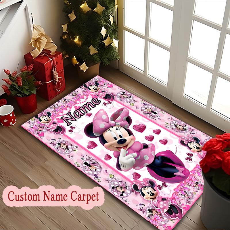 1pc Indoor Rug - Machine Washable Large Floor Mat with Minnie Mouse Pink Flowers Heart Design, Customize Name Area Carpet