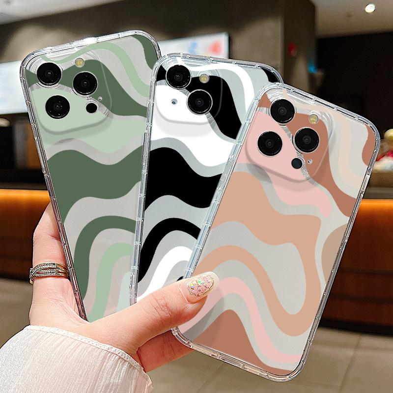 

Чехол для телефона из прозрачного ТПУ с цветной волнистой текстурой и полосками для iPhone 15 Pro Max 14 13 12 Pro 11 XS XR 8 7 Plus, мягкий противоударный защитный чехол для объектива iPhone 15 кофейный