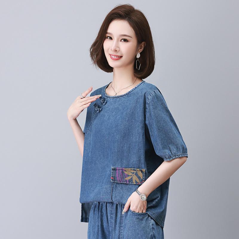 

2025 Женский Модный Джинсовый Топ из Тенсела: С короткими рукавами, стильный, дизайн, скрывающий живот XXL