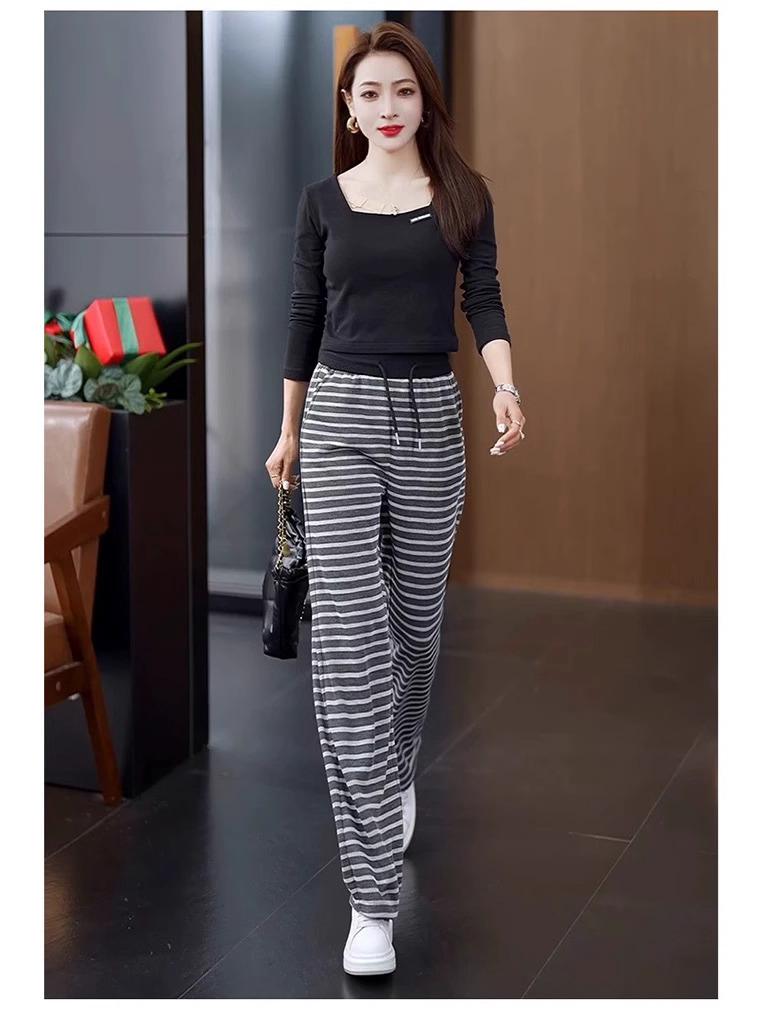 Women's Striped Elastic Waist Wide-Leg Knitted Pants, Slim-Fit Casual, Spring/Autumn 2025.