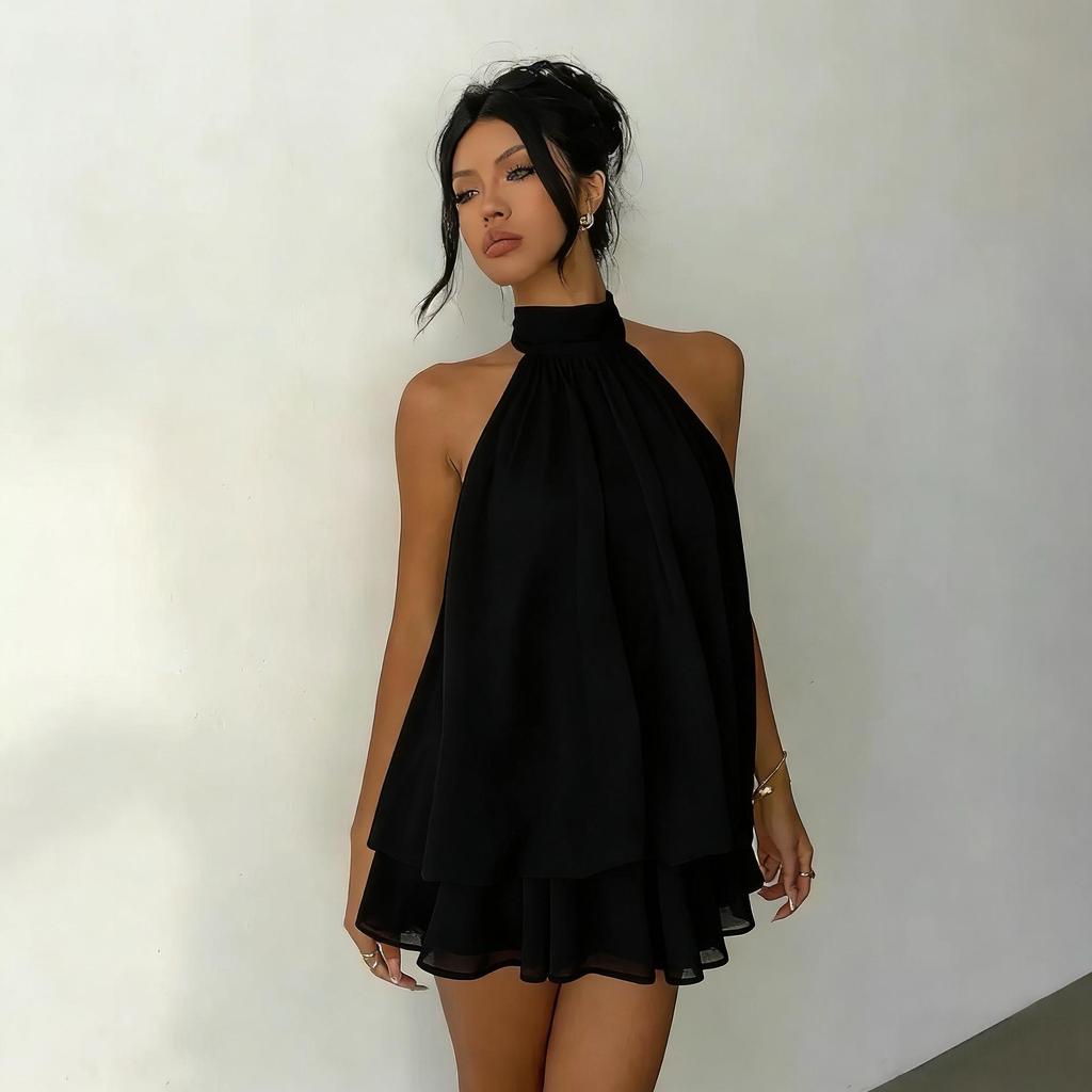 Cross-Border Women's Sexy Backless Halter Top & Fluffy Short Skirt Dress