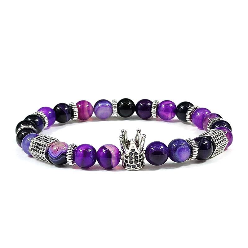 8mm Natürliches gestreiftes Achat Kronenarmband mit Kupfer- und Zirkon-Sechseck-Akzenten