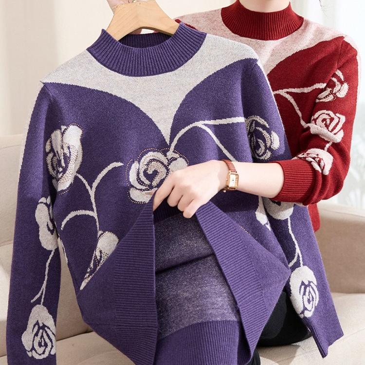 Women's Colorblock Stand Collar Sweater Long Sleeve Rhinestone Print Sweater Autumn/Winter