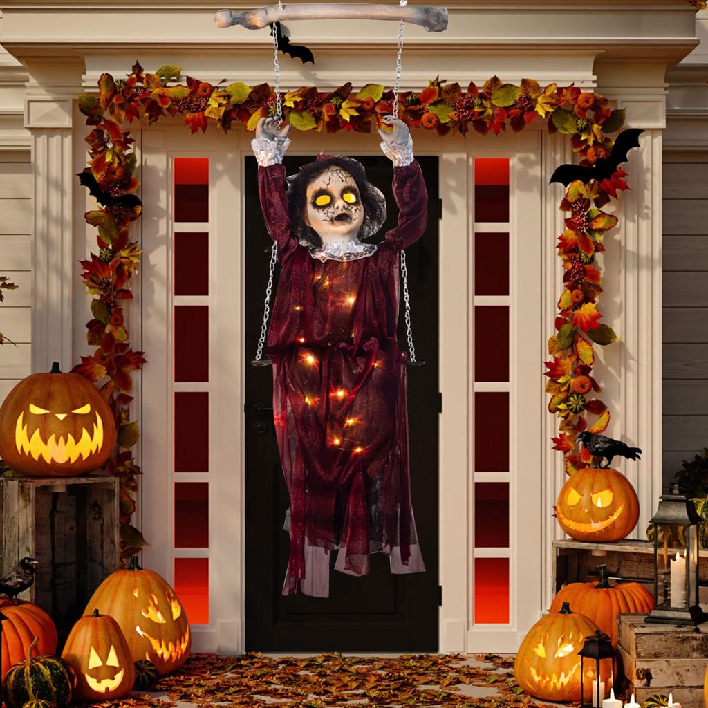 Wine Red Swing Girl Halloween Hanging Swing Chain Hanging Voice-controlled Luminous Haunted House Horror Decoration Pendant Props