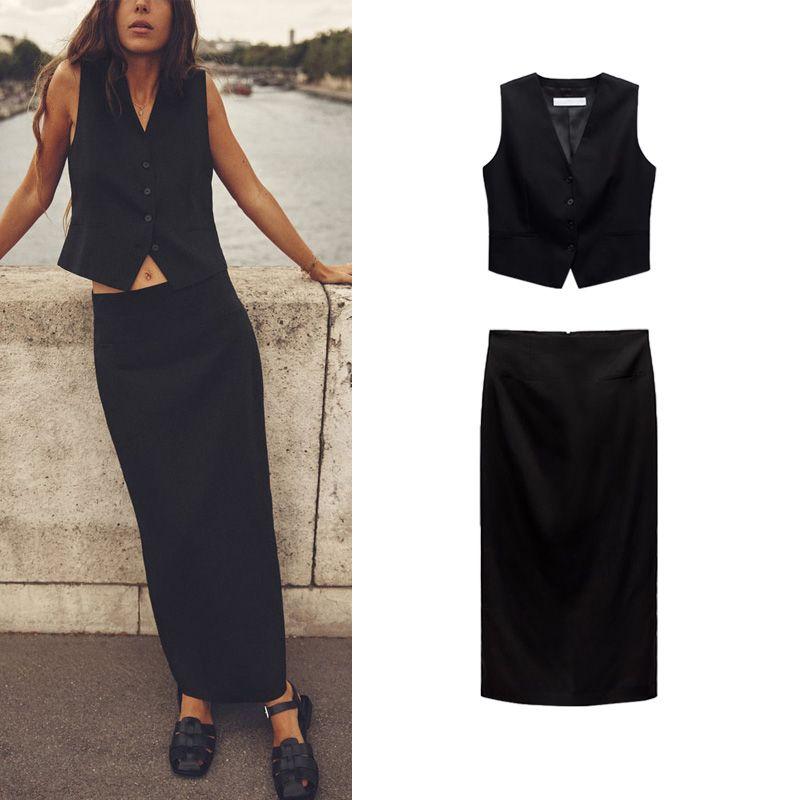 Summer Casual Linen Vest Midi Dress Two-Piece Set