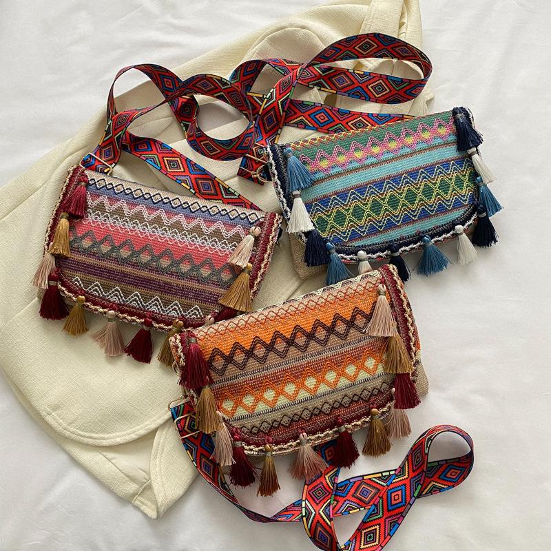 Ethnic-style Crossbody Bag Niche Tassel Bucket Bag Versatile and Fashionable Small Square Bag for Women