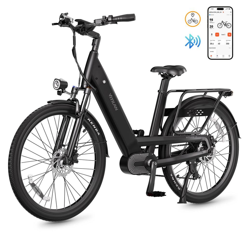 Electric Bicycle Vitilan 26" 500W Motor City Ebike 48V 15AH Max Range 90Km Load 150Kg APP Connection 7 Speed L5