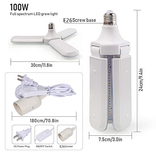 SINJIAlight Plant Grow Light, 100W Equivalent, E26 Base with Power Cord, Warm White, Full Spectrum, Suitable for Hydroponics, Indoor Cultivation, Home