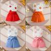 Summer Sweet Girl Toddler Set: Ribbed Knit Flower Sleeveless Top & Buttoned Shorts