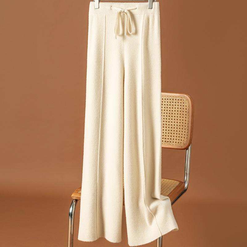 Women's High Waist Wool Wide-Leg Pants: Autumn/Winter Drape Loose Cashmere Knit Casual Wear.
