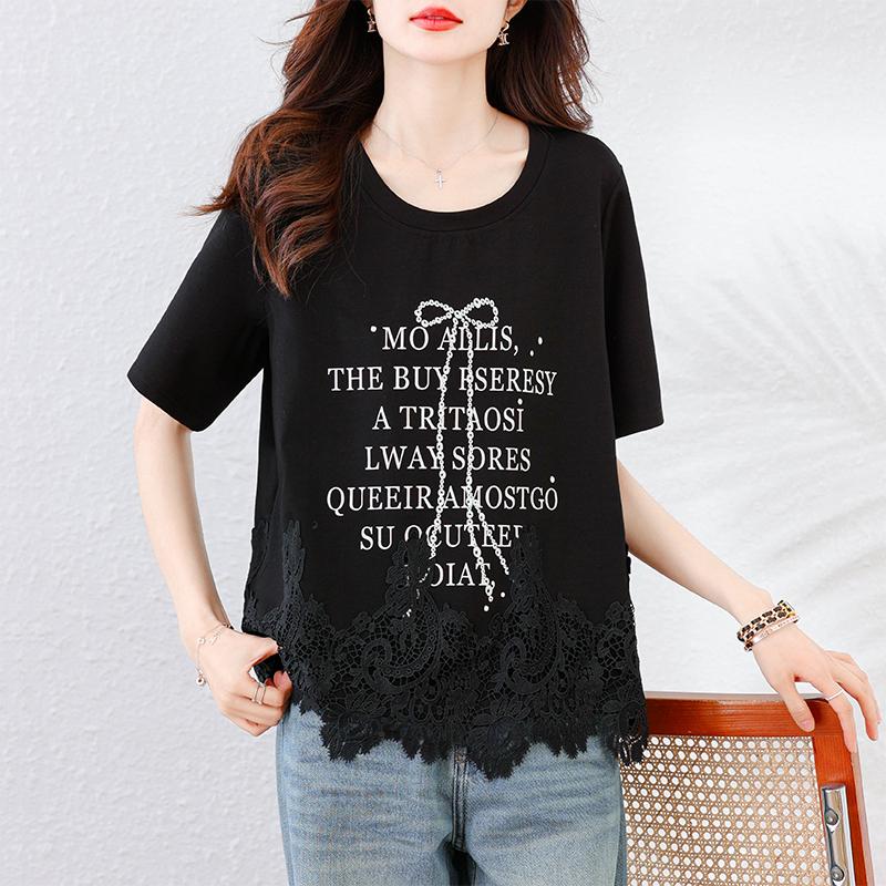 DIMANAF 2025 Neues Sommer Übergröße T-Shirt Mode Damen O-Ausschnitt Kurzarm Einfarbig Locker Schwarz Spitze Tops T-Shirts