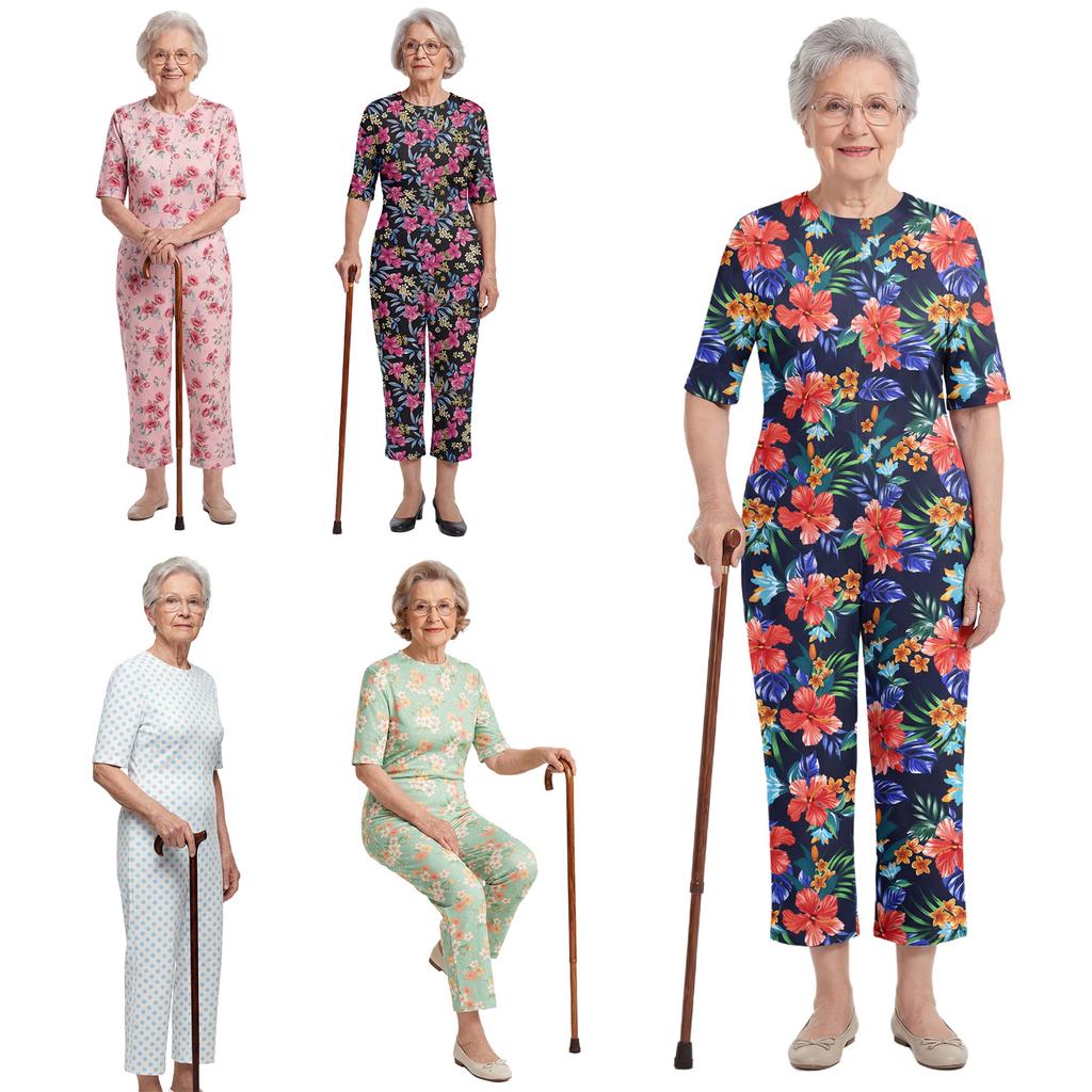 S-3XL Womens Elderly Nursing Floral Print Jumpsuit Short Sleeve Back Zipper Lounging-style Anti-strip Adaptive Rompers for Alzheimer Special Needs