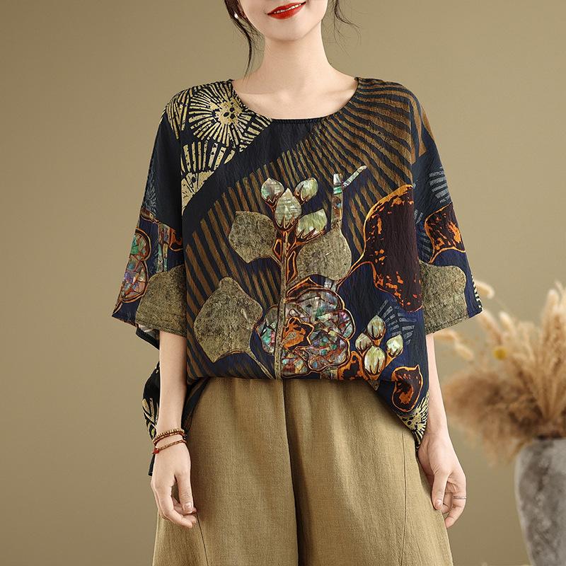 

Этнический стиль Большой размер Широкая Футболка с куклой Panasonic Swing Летняя блузка Этнический принт Свободный круглый вырез Удобная футболка для женщин one size чёрный