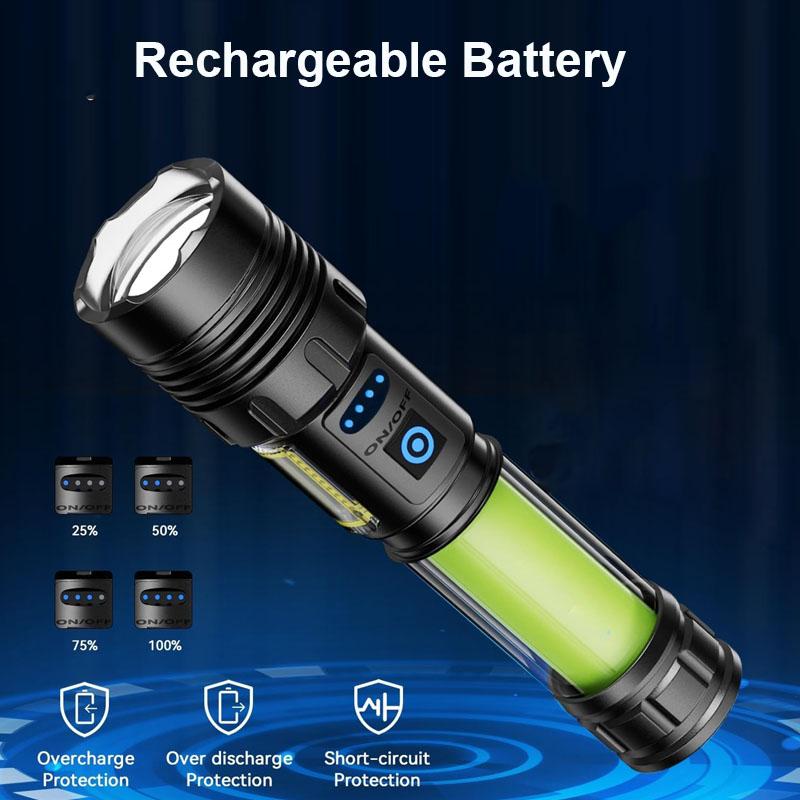High Power Rechargeable Flashlight COB Led Light with Power Supply Built-in Battery Tactical Torch for Outdoor Camping Lantern