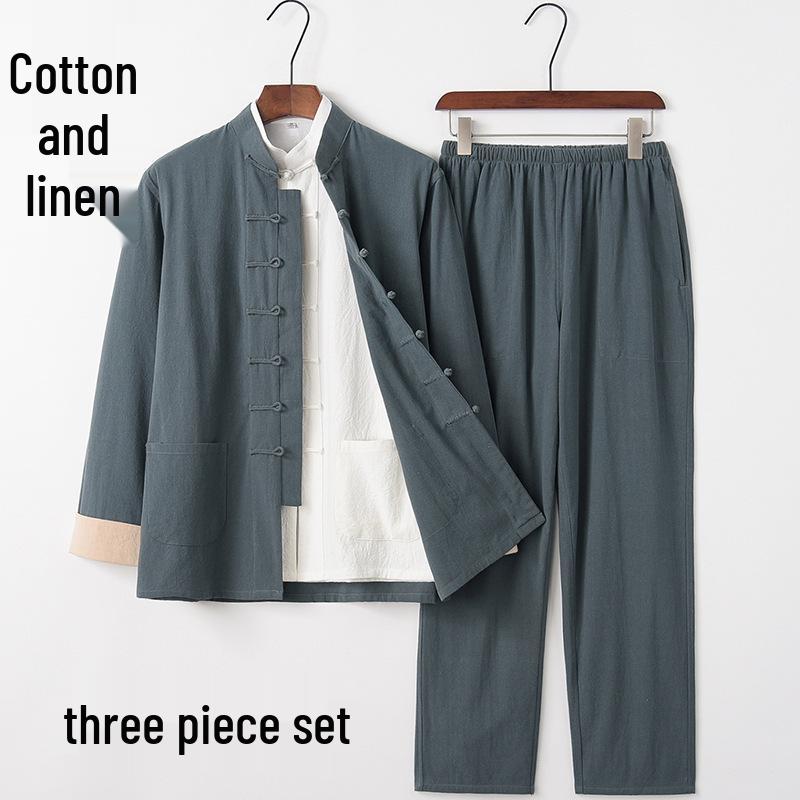 Men's Cotton Linen Three-Piece Tang Suit: Chinese Style Frog Button Hanfu, Retro Lay Buddhist Robe, Tea Attire
