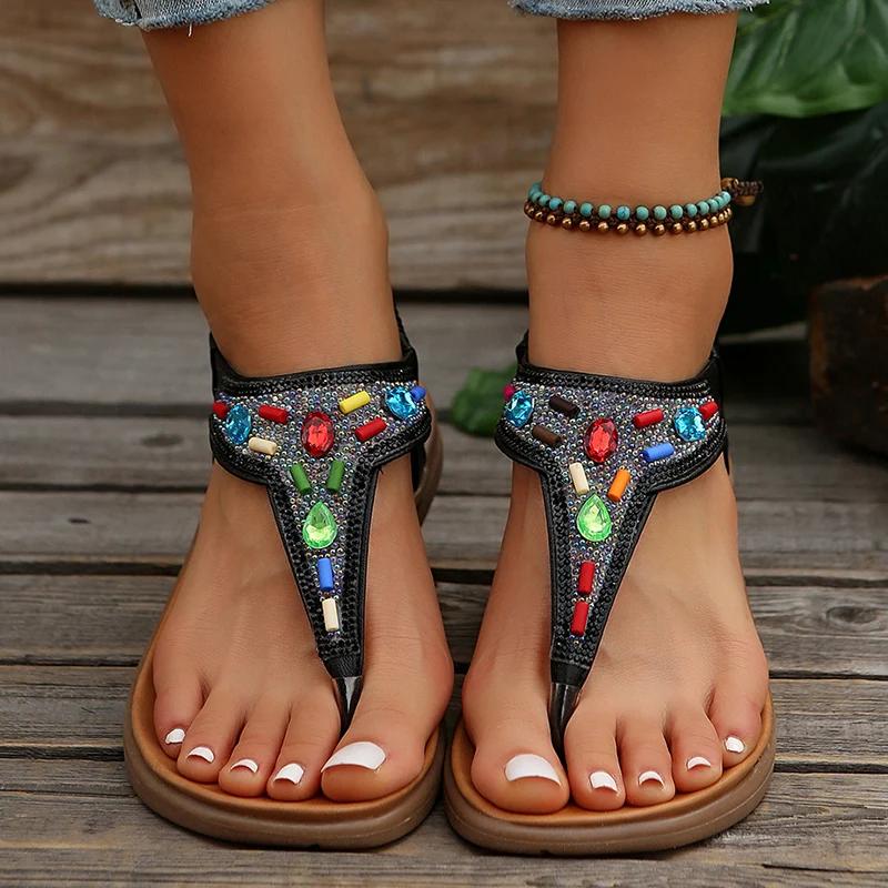 Fashion Beaded Decor Bohemian Flat Sandals for Women Summer 2025 Elastic Band Clip Toe Rome Sandals Woman Soft Sole Non Slip Beach Shoes