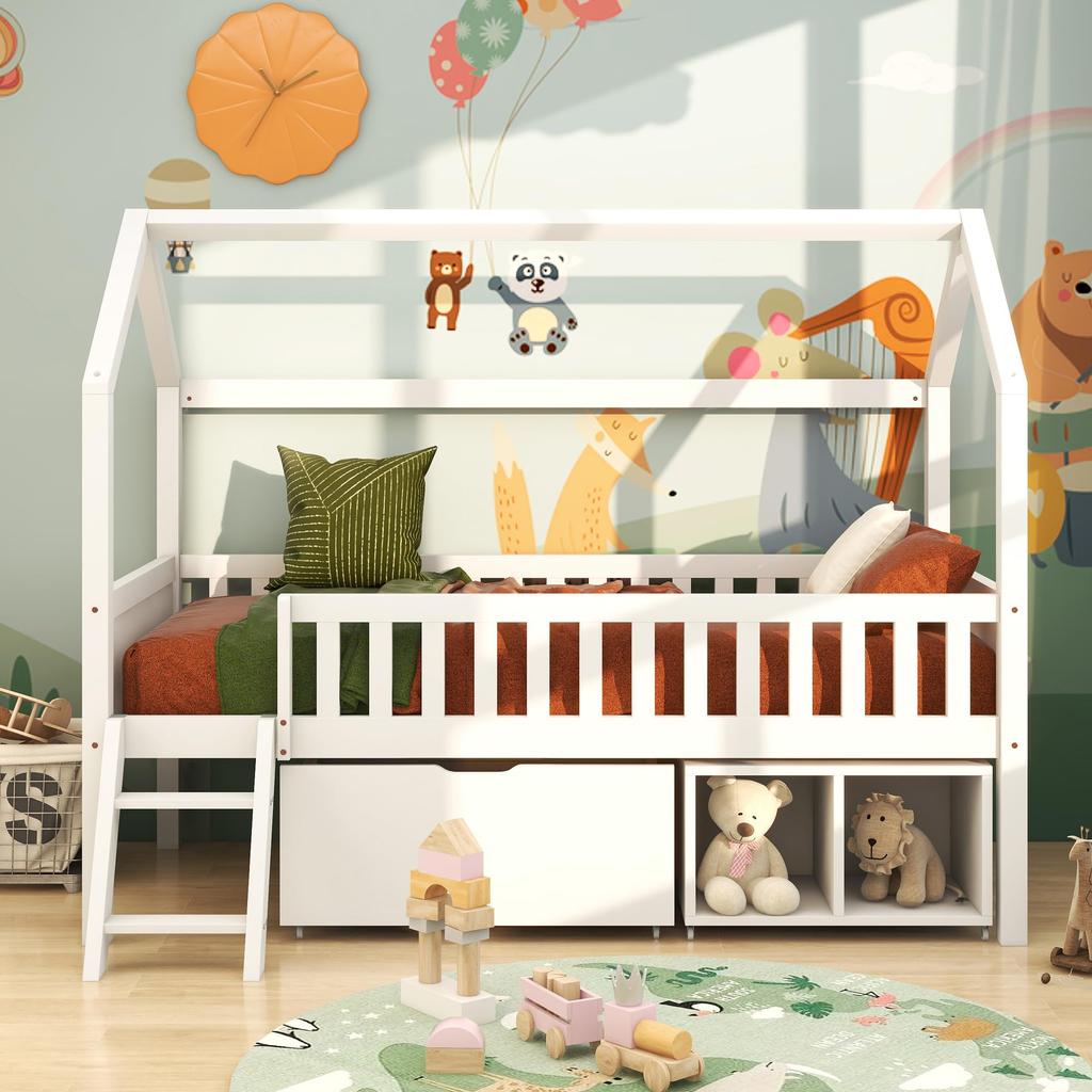 Kinderbett 90x200cm, Hausbett Schubladen Ablagefächer, Holz Baumhausbett Treppe Lattenrost Rausfallschutz, Weiß