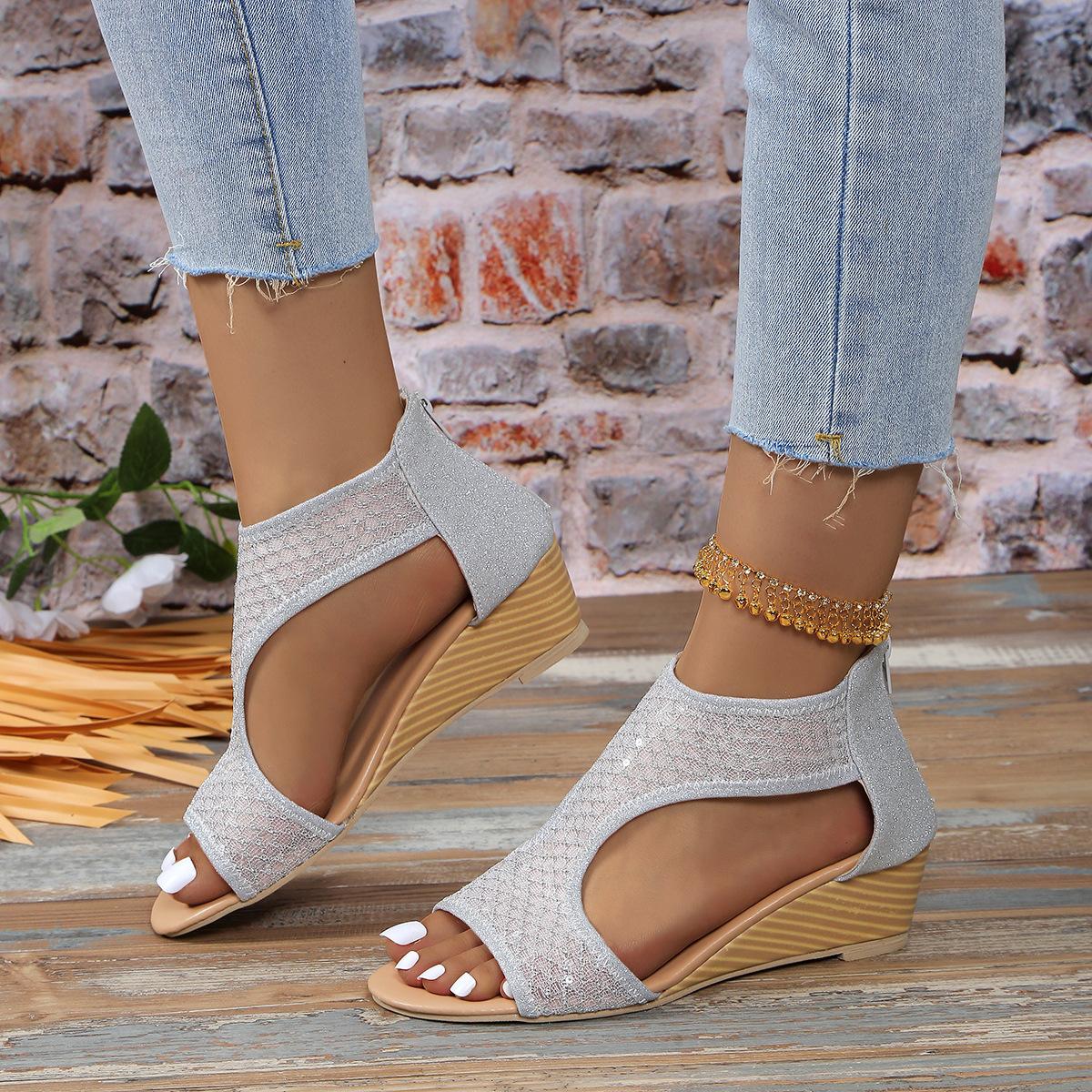 

Элегантные женские босоножки на танкетке с открытым носком и молнией сзади, размер 36-43 43 серебряный