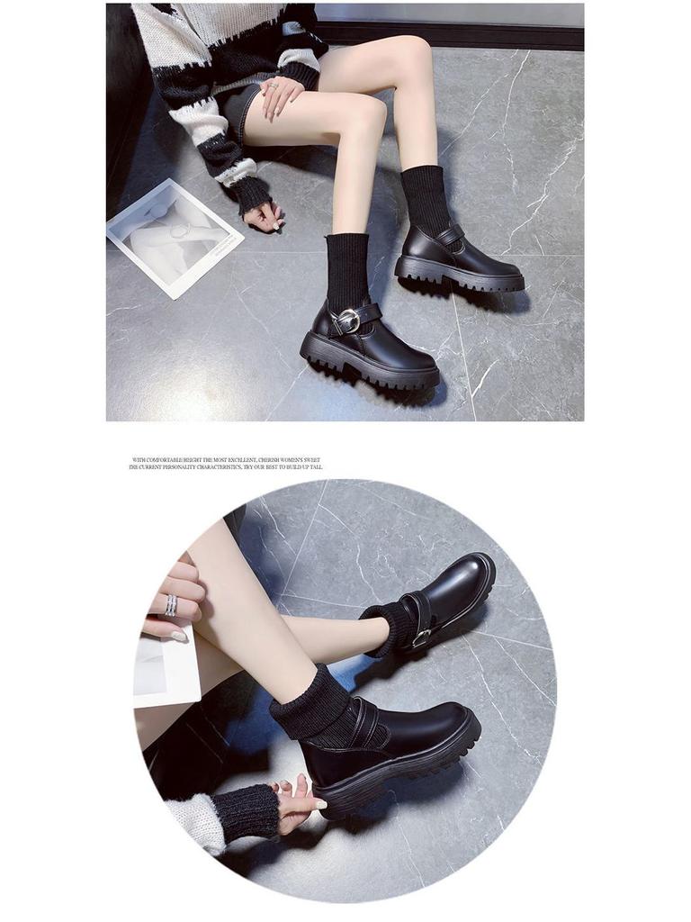 Women's Chunky Heel Knitted Wool Ankle Boots, Warm Velvet-Lined Cotton Leather Martin Style